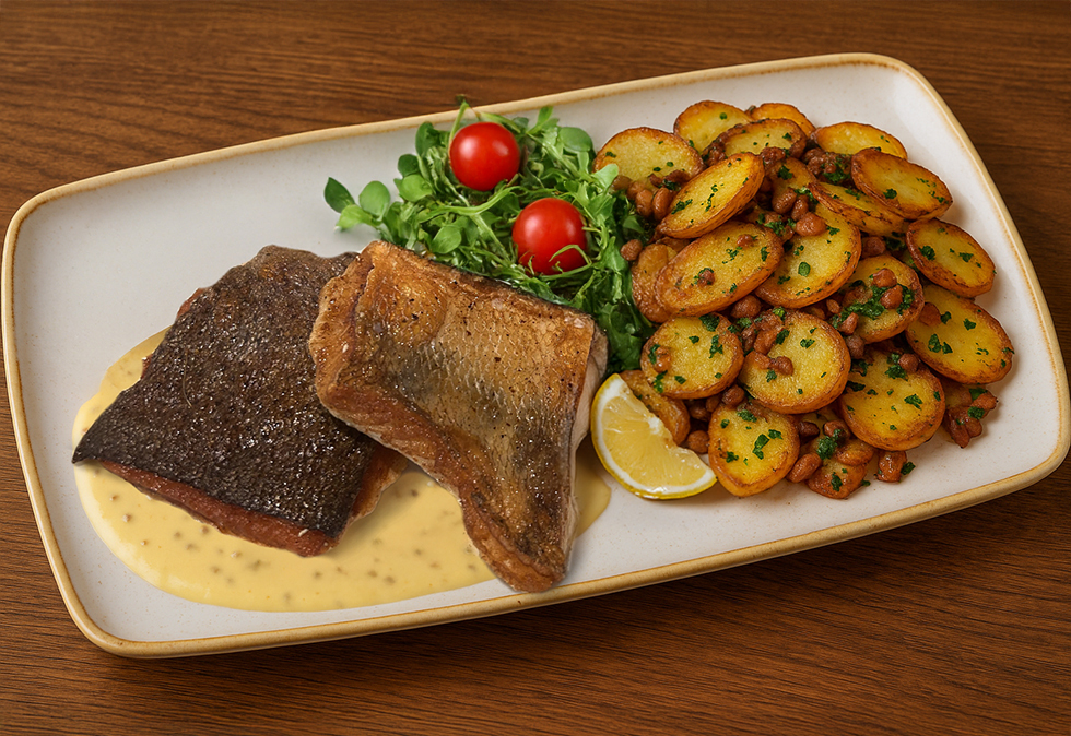 Gebratene Filets von Zander und Lachsforelle mit Senfsauce und Bratkartoffeln
